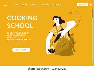 Vector landing page of Cooking School concept. Woman decorates cupcake with whipped cream using pastry bag. Young girl studying to be pastry chef. Character illustration of advertising banner design