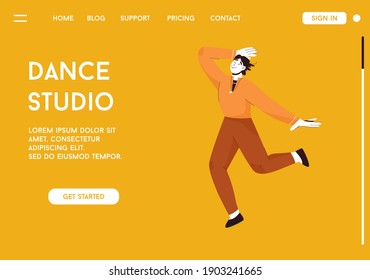 Vector landing page of Dance Studio concept. Smiling male dancer dancing, training at class. Happy man having fun at night club party or music festival. Character illustration of hobby or profession