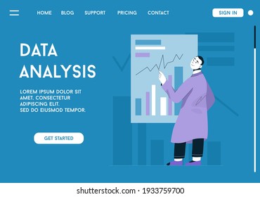 Vector landing page of Data analysis concept. Engineer analyzes graph data and statistics. Business charts and diagrams, datum science, project management. Character illustration of advertising banner
