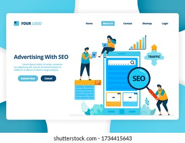 Vector landing page design of advertising with seo. Target keywords to increase traffic. Illustration of landing page, website, mobile apps, poster, flyer