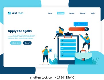 Diseño de página de aterrizaje de vectores de aplicar para trabajos. Selección de anuncios de contratación y empleo. Ilustración de la página de inicio, sitio web, aplicaciones móviles, afiche, volante