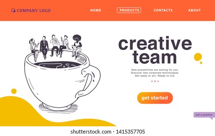 Vector landing page design concept for business creative team work, success solutions, deal & support with office people & big coffee cup on white background. Sketch style. Website, mobile app, banner