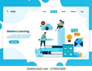 Vector landing page design of modern learning. Distance education technology during quarantine. Illustration of landing page, website, mobile apps, poster, flyer