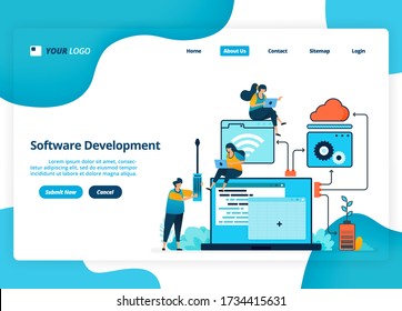 Vector Landing Page Design Of Software Development. Flowchart In Planning And Designing Software. Illustration Of Landing Page, Website, Mobile Apps, Poster, Flyer