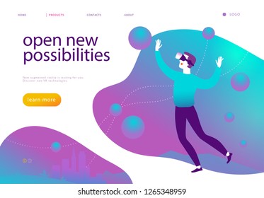 Vector landing page design template for new vr technology - man in vr goggle headset, helmet, glasses flying into  augmented virtual reality world. Flat style. Good for web page banner, mobile app, UI