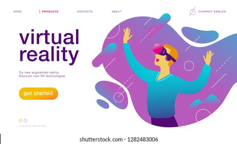 Vector landing page design template for new vr technology: man in vr goggle headset / helmet / glasses in augmented abstract virtual reality world. Flat style. Good for web page banner, mobile app, UI