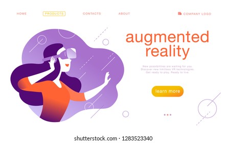 Vector landing page design template for new vr technology - woman in vr goggle headset / helmet / glasses in abstract augmented virtual reality. Flat style. Concept for web page banner, mobile app, UI