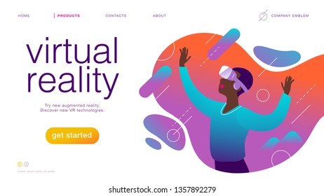 Plantilla de diseño de página de inicio de vectores para nueva tecnología vr: hombre en vr goggle auriculares en el mundo de la realidad virtual abstracta aumentada. Estilo plano. Bueno para banner de página web, aplicación móvil, UI