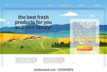Vector landing page design template with beautiful flat countryside village farm landscape illustration. Special offer, discount banner concept. For dairy product, farming, market advertisement.