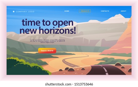 Vector landing page design template with beautiful flat summer canyon mountains road trip landscape illustration. Special offer, vacation discount banner concept. For travel agency, touristic firm.
