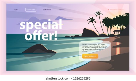 Vector landing page design template with beautiful flat sunset seacoast with palm tree landscape illustration. Special offer, vacation discount banner concept. For travel agency, touristic firm.