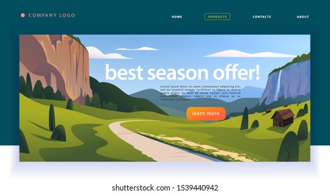 Vector landing page design template with beautiful flat canyon mountains village, road trip landscape illustration. Special offer, vacation discount banner concept. For travel agency, touristic firm.