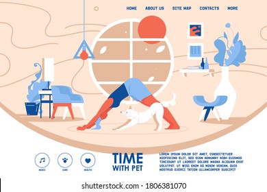 Vector landing page design template woman doing doga yoga with dog. Interior concept scene in vibrant blue and orange colors.