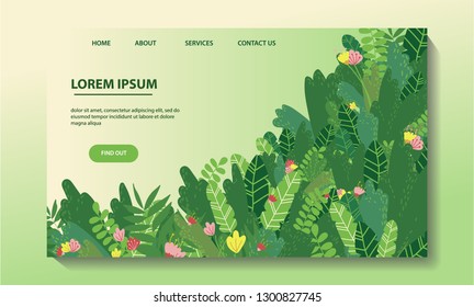Vector landing page design with tropical greens and flowers. Web, application template. Banner, poster with copyspace for text. 3D effect page with shadow