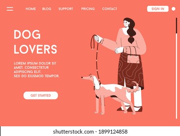 Vector landing page of Dog Lovers concept. Woman standing with dog and holding leash. Owner with domestic animal. Young girl walking with puppy. Character illustration of advertising banner design