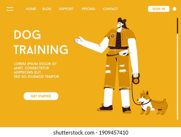Vector landing page of Dog Training concept. Woman stands with puppy on leash. Active lifestyle for pets, playing, learning commands, obedience. Character illustration of advertising banner design