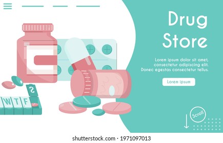 Vector landing page of Drug Store concept. Bottles of medications, capsules, blisters, pills and vitamins. Healthcare, treatment, medicines in pharmacy. Character illustration of advertising banner