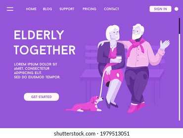 Vector landing page of Elderly Together concept. Retired couple sitting on bench, resting in city park, talking, walking dog. Family and relationships. Character illustration of advertising banner