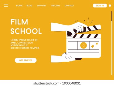 Vector landing page of Film School concept. Hands holding director clapperboard. Movie making, filmmaking, cinema production industry, cinematography. Character illustration of advertising banner