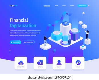 Vector landing page of Financial Digitalization isometric concept. Online banking, accounting, cryptocurrency, protection, financial tools. Illustration of advertising banner in isometry design