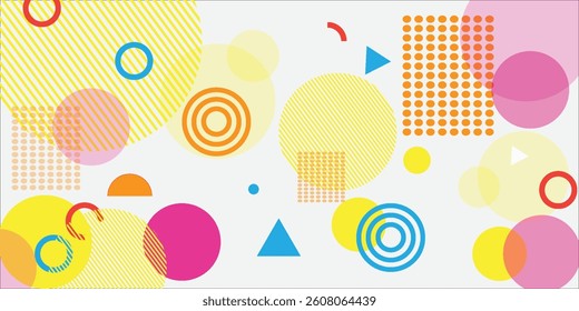 Vector landing page with geometric figures of characters on white background. Cute cartoon characters, various colorful figures. Poster design template.