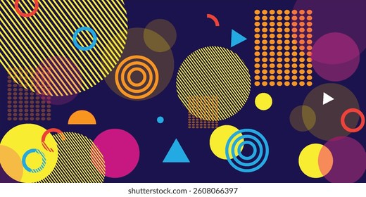 Vector landing page with geometric figures of characters on blue background. Cute cartoon characters, various colorful figures. Poster design template.