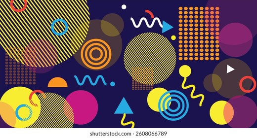 Vector landing page with geometric figures of characters on blue background. Cute cartoon characters, various colorful figures. Poster design template.