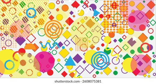 Vector landing page with geometric figures of characters on blue background. Cute cartoon characters, various colorful figures. Poster design template.