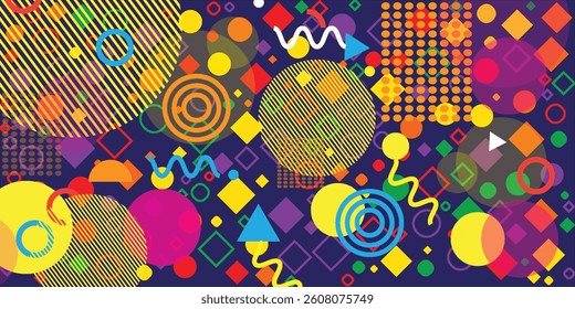 Vector landing page with geometric figures of characters on blue background. Cute cartoon characters, various colorful figures. Poster design template.