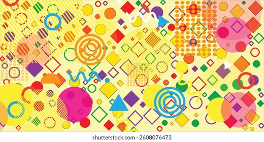 Vector landing page with geometric figures of characters on yellow background. Cute cartoon characters, various colorful figures. Poster design template.
