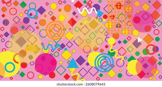 Vector landing page with geometric figures of characters on pink background. Cute cartoon characters, various colorful figures. Poster design template.