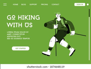 Vektor Landung Seite von Go Wandern mit uns Konzept. Lächelnder Tourist mit Stöcken und Rucksack auf der Route zu Fuß. Sommerabenteuer, Camping-Freizeit. Vektorgrafik von Werbebannern