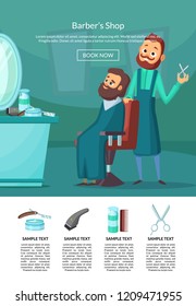 Vector landing page illustration with barber doing a haircut to a client insalonwith table and mirror. Barbershop interior, hairstyle salon