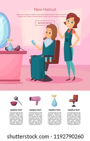 Vector landing page illustration with hairdresser doing a haircut to a client in salon with table and mirror. Haircut salon, hairdresser professional stylist