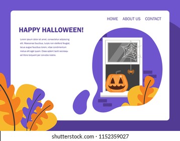 Vector landing page illustration of window with orange jack-o-lantern and halloween decorations.