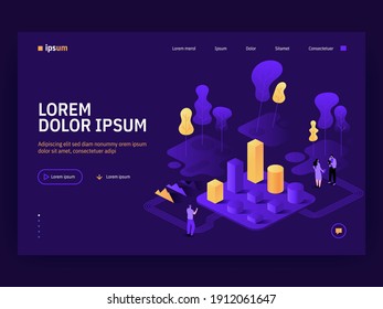 Vector landing page of Isometric Tech concept. Future workplace organization with plants outdoors. Data center, operator analyze statistical data, business meeting. Character illustration of banner