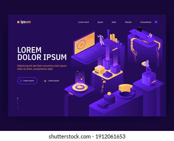 Vector landing page of Isometric Tech concept. Data center with server, huge laptop, operators analyze statistical data, teamwork on project. Futuristic abstract office. Character banner illustration 