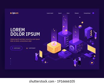 Vector Landing Page Of Isometric Tech Concept. Huge Blocks With Computer Microchips Or Electronic Schemes, People Work On Product Development, Process Maintenance. Character Illustration Of Banner