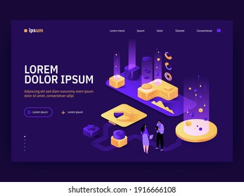 Vector landing page of Isometric Tech concept. Scientific research and modern business. Development of products or services, work optimization, process maintenance. Character illustration of banner