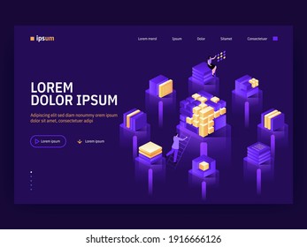 Vector landing page of Isometric Tech concept. Teamwork on server, abstract blockchain technology. Huge cube connection consists blocks. People working with data. Character illustration of banner