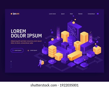 Vector landing page of Isometric Tech concept. Engineer or developer builds from blocks computer microchips. Data collection, phased project work, development and research. Character illustration