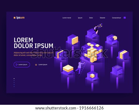 Vector landing page of Isometric Tech concept. Teamwork on server, abstract blockchain technology. Huge cube connection consists blocks. People working with data. Character illustration of banner