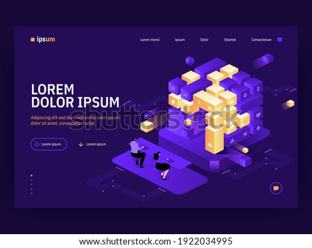 Vector landing page of Isometric Tech concept. Abstract blockchain technology. Huge cube connection consists blocks. Teamwork cooperation, work on project together. Character illustration of banner