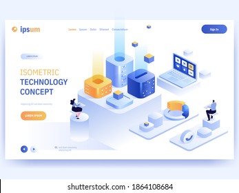Vektorlandungsseite des Konzepts der sometrischen Technologie. Programmiererteam arbeitet in abstrakten Büros, Entwicklung und Optimierung, Analyse und Statistik. Zeichentrickgrafik von Werbebannern