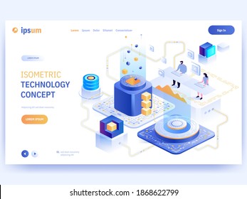 Página de aterrizaje de vectores del concepto de tecnología isométrica. El equipo de programadores trabaja en el mantenimiento, desarrollo, pruebas y arreglo de proyectos, software y hardware. Ilustración de caracteres del banner publicitario