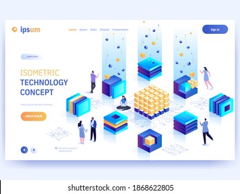 Vector landing page of Isometric Technology concept. Teamwork cooperation, programmers and developers working, connected by internet, software and hardware development. Character banner illustration