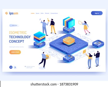 Vector landing page of Isometric Technology concept. Team of engineer working at parts of hardware computer microchips or electronic circuits, optimization, process maintenance. Character illustration