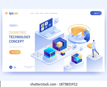 Vector landing page of Isometric Technology concept. Software and hardware development, programmer configures, optimizes, analyzes data, work at project. Character illustration of advertising banner