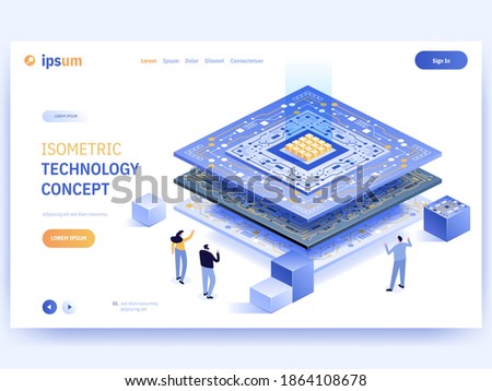 Vector landing page of Isometric Technology concept. Teamwork of developers, hardware development and optimization, huge computer processor, microcircuit. Character illustration of advertising banner
