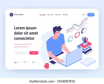 Vector landing page of man working at laptop at home office concept. Freelancer analyzes data graph of company development. Businessman or employee. Character illustration of banner in isometry view